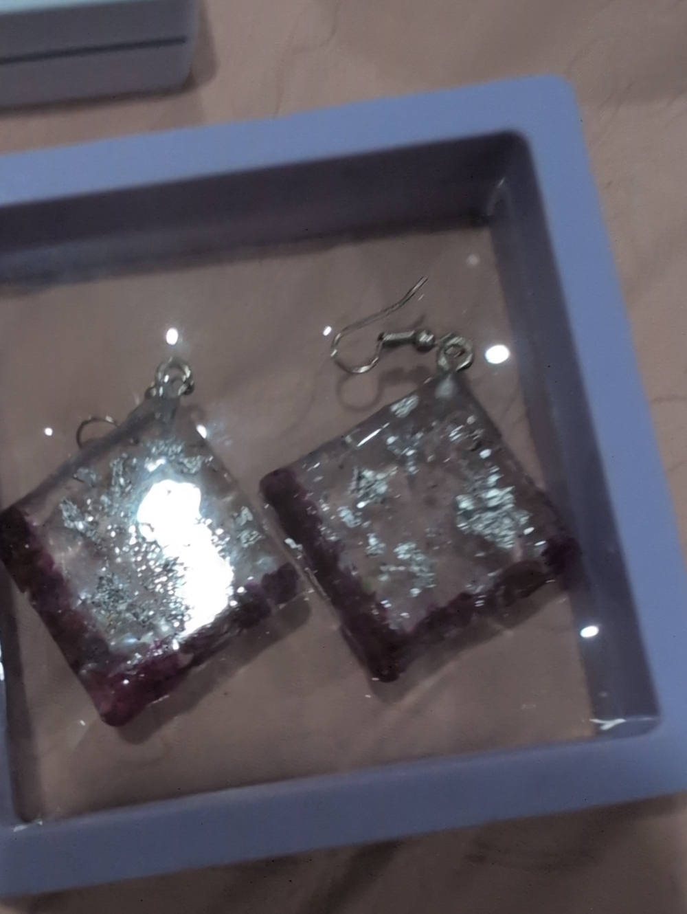 Silver Leaf Square Drop Earrings with Purple Accents Handmade